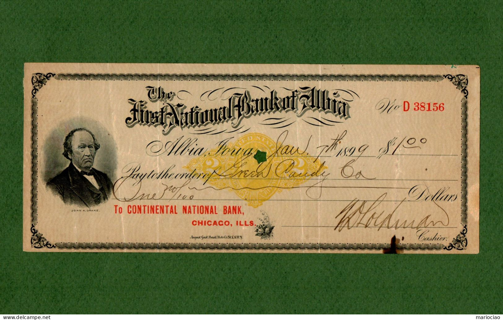 USA Check First National Bank Of Albia Iowa 1899 Print A. Drake Bank's President - Other & Unclassified