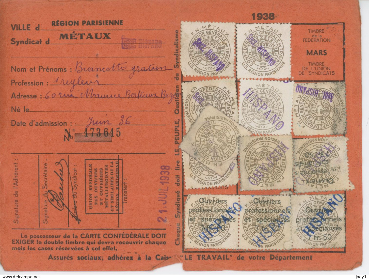 Carte De La CGT 1938 - Cartes De Membre