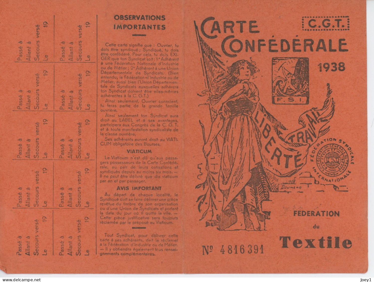 Carte De La CGT 1938 - Tessere Associative