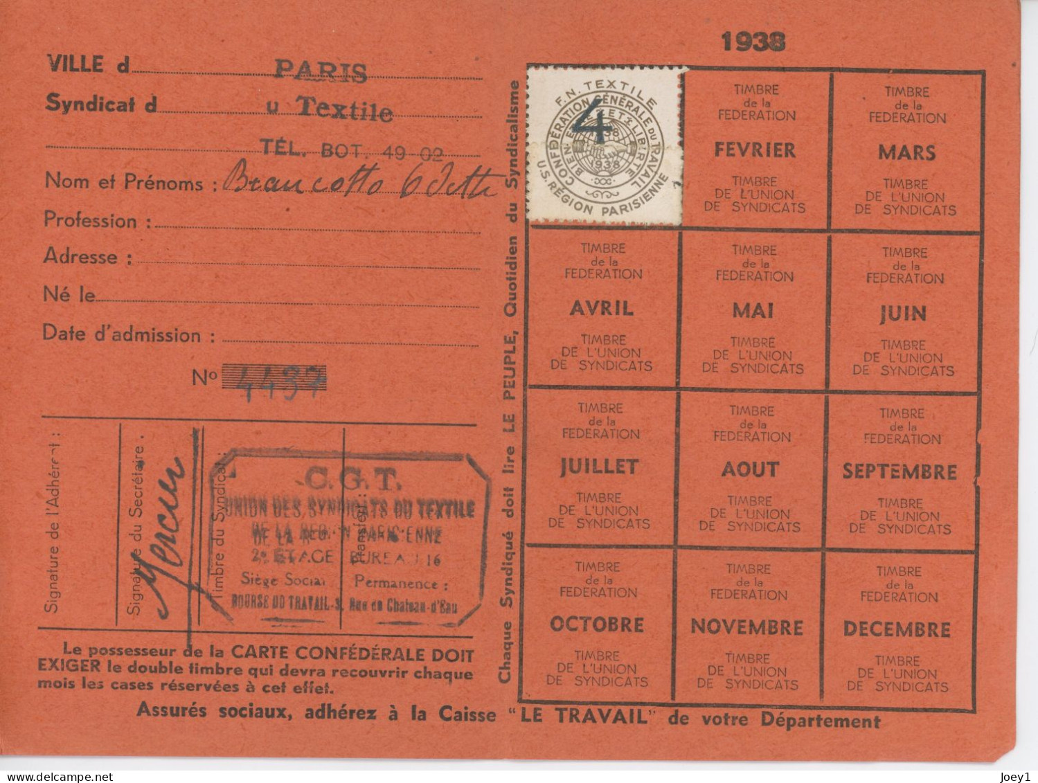 Carte De La CGT 1938 - Tarjetas De Membresía