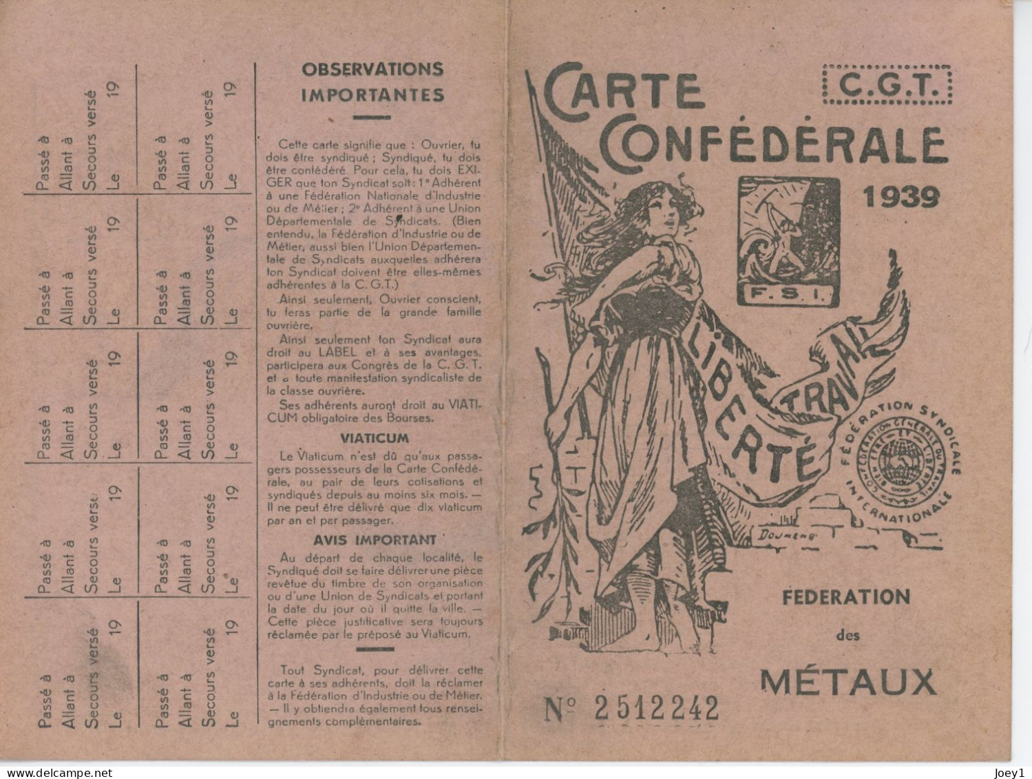 Carte De La CGT 1939 - Tessere Associative