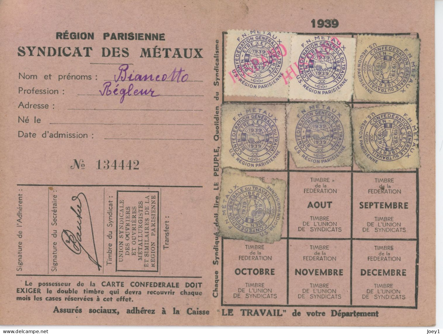 Carte De La CGT 1939 - Tarjetas De Membresía