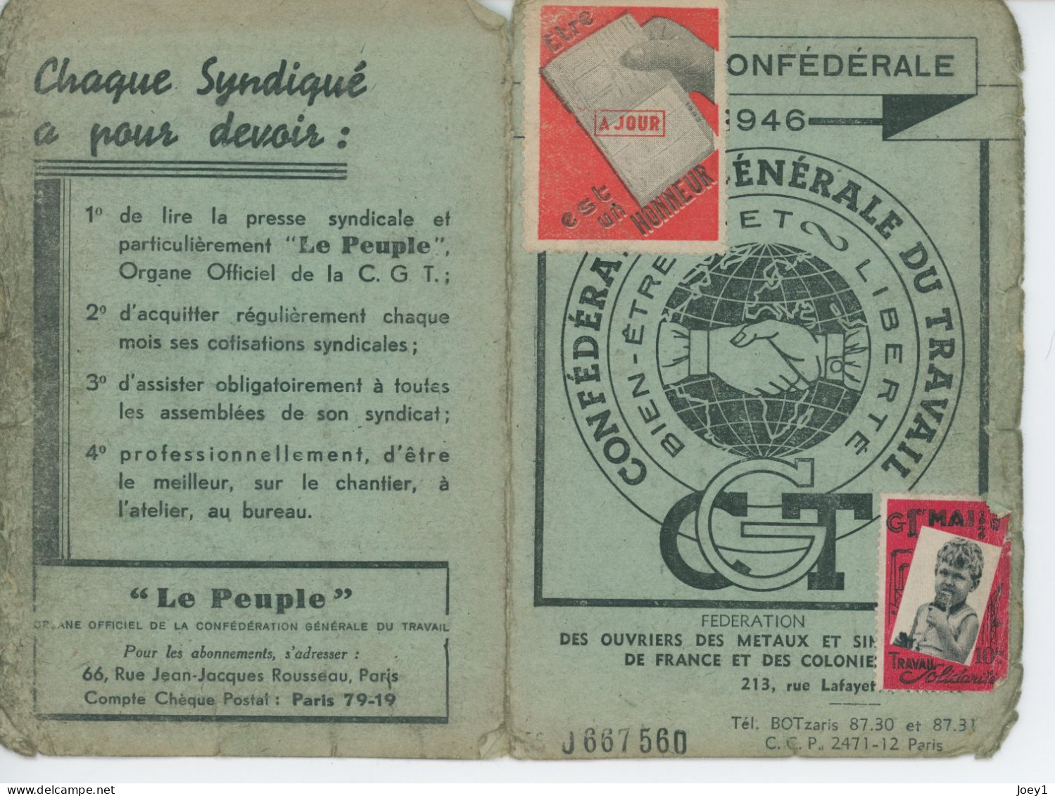 Carte De La CGT 1946 - Tarjetas De Membresía