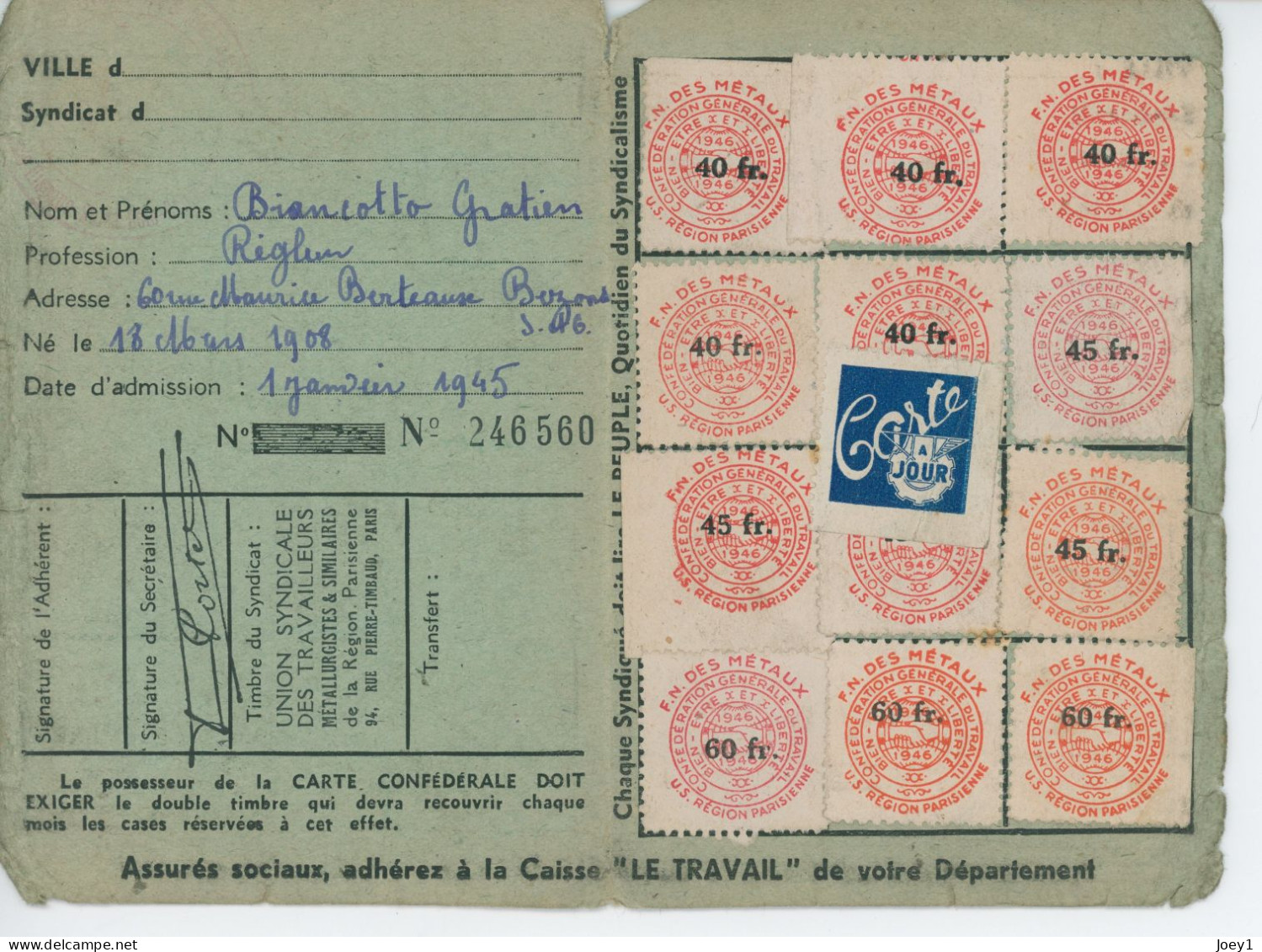 Carte De La CGT 1946 - Cartes De Membre