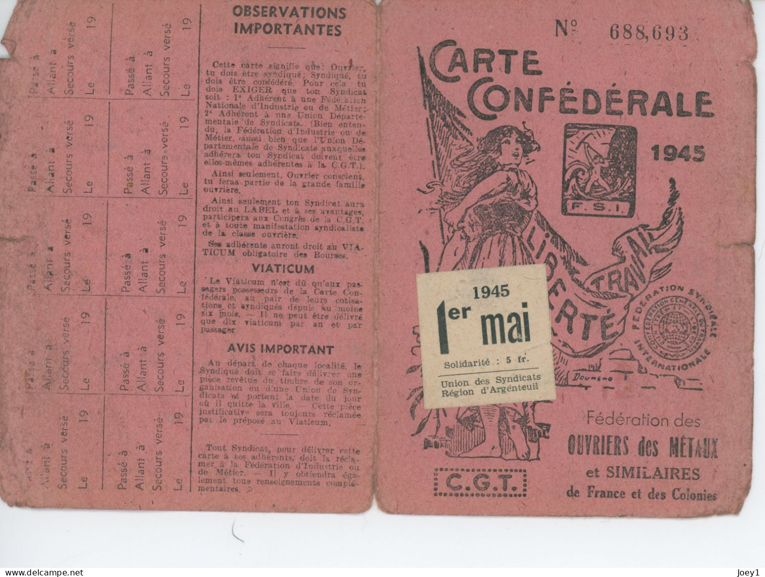 Carte De La CGT 1945 - Cartes De Membre
