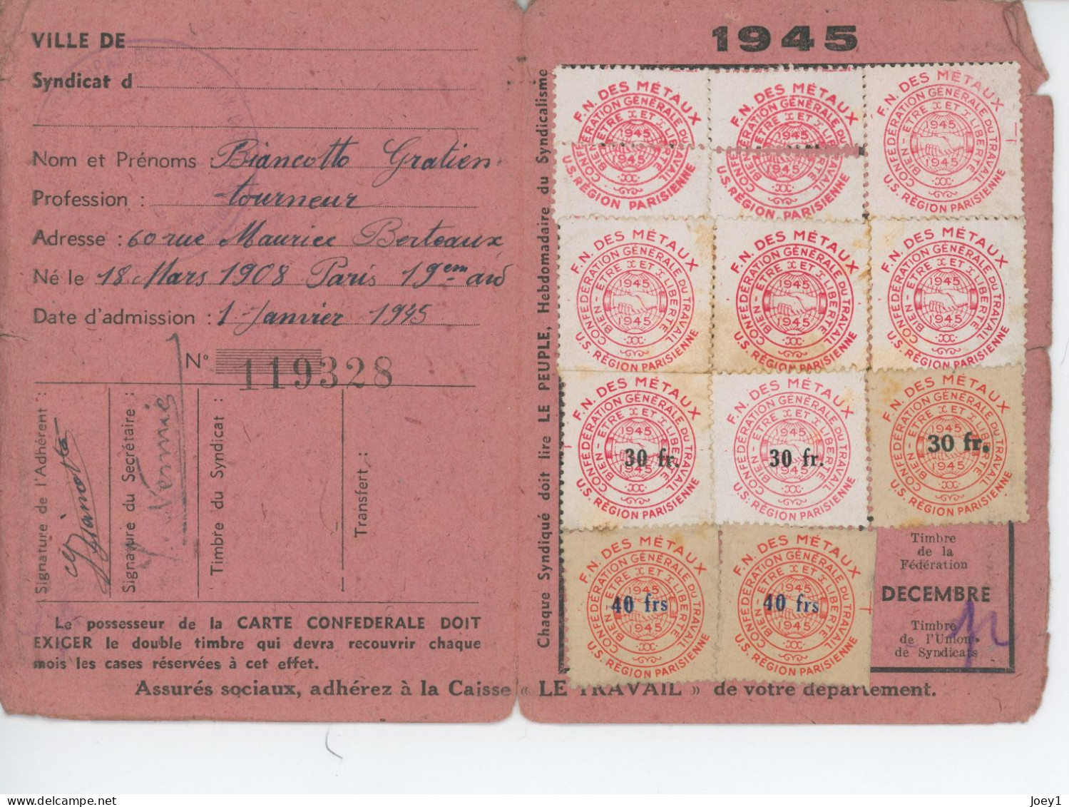 Carte De La CGT 1945 - Mitgliedskarten