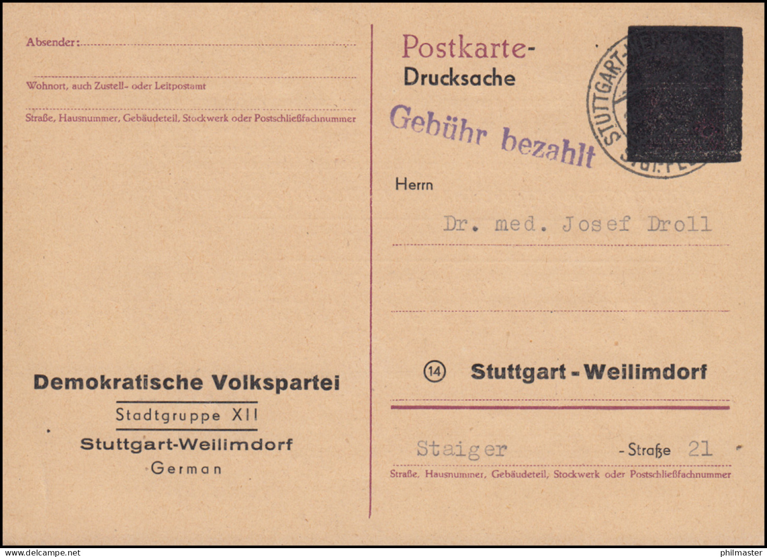Gebühr-Bezahlt-Stempel Auf Geschwärzter Postkarte STUTTGART 20.5.1946 - Autres & Non Classés