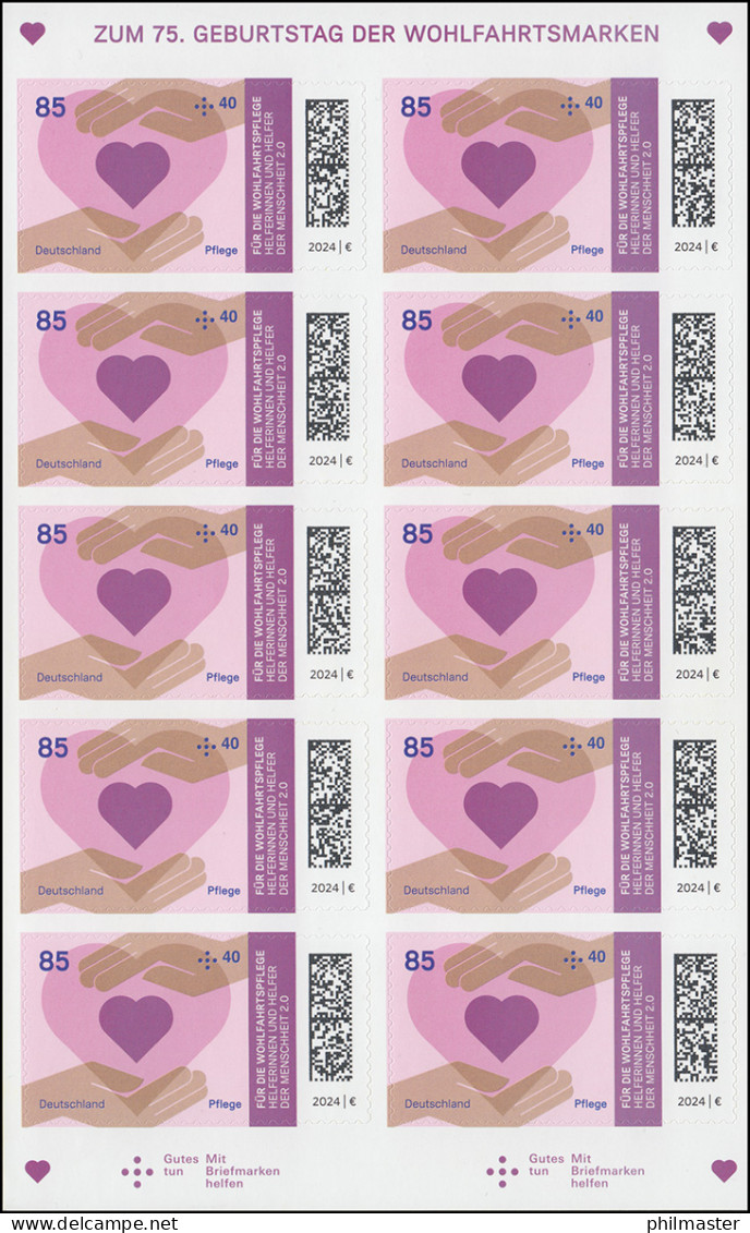 FB 134 Wohlfahrt Helfer 85+40 Pflege, Folienblatt 10x3816, Postfrisch **/MNH - 2011-2020