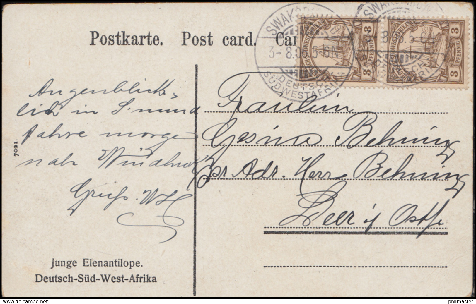 DSWA 24 Kaiseryacht 3 Pf Senkrechtes Paar SWAKOPMUND 3.8.1906 Auf AK Antilope - Deutsch-Südwestafrika