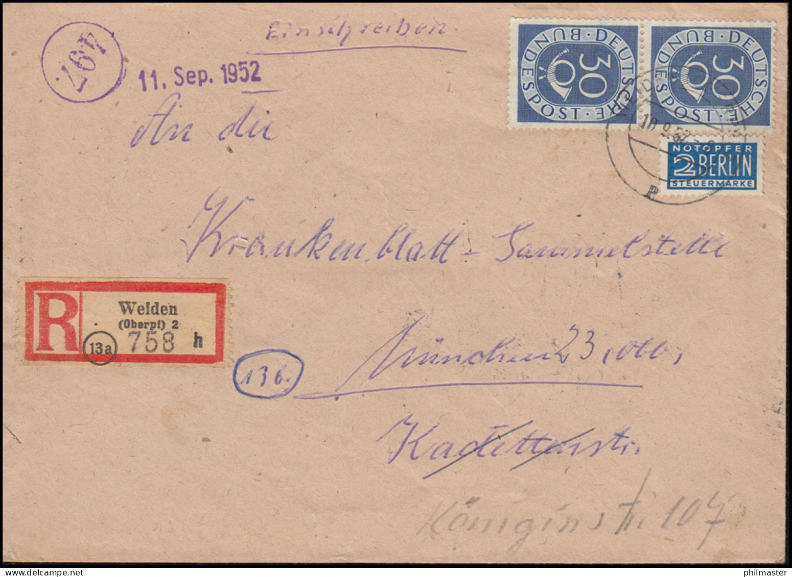 132 Posthorn 30 Pfennig Im Senkrechten Paar MeF Auf R-Brief WEIDEN 10.9.1952 - Covers & Documents