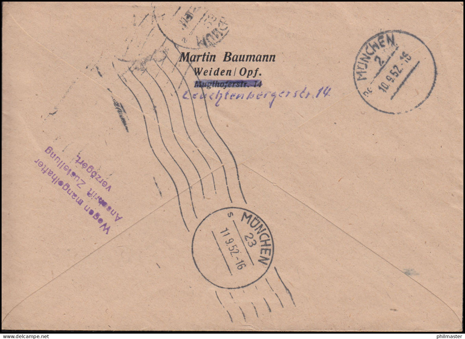 132 Posthorn 30 Pfennig Im Senkrechten Paar MeF Auf R-Brief WEIDEN 10.9.1952 - Brieven En Documenten