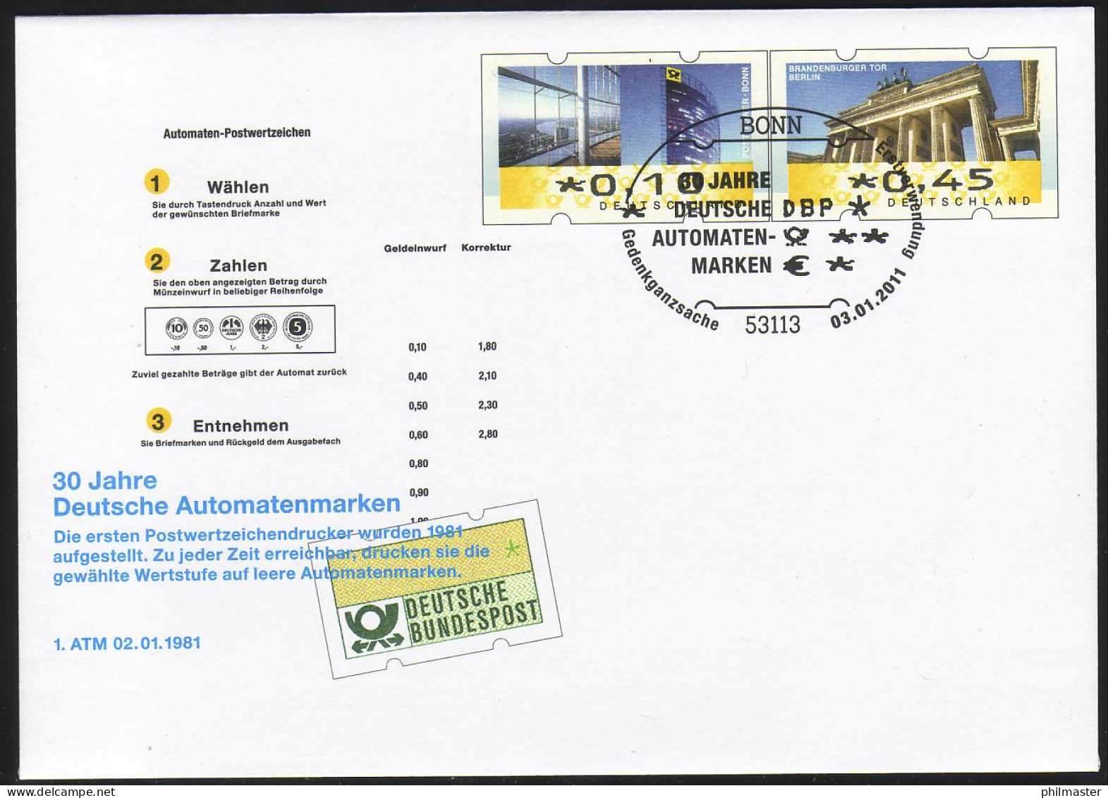 USo 225 Automatenmarken 2011, EV-O Bonn 3.1.2011 - Briefomslagen - Ongebruikt