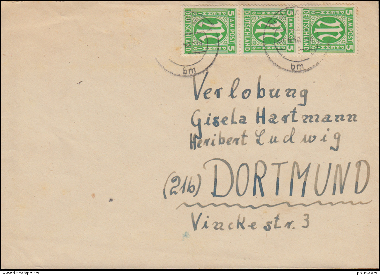 12 AM-Post 5 Pf. Eng Gezähnt, Dreierstreifen Auf Ortsbrief DORTMUND April 1946 - Covers & Documents