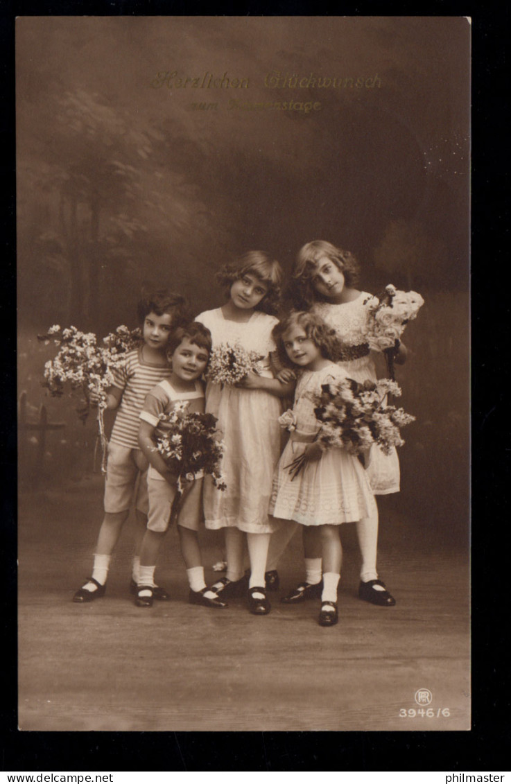 AK Glückwünsche Namenstag: Kinder-Gruppe Mit Blumen, CÖLN 15.8.1913 - Autres & Non Classés