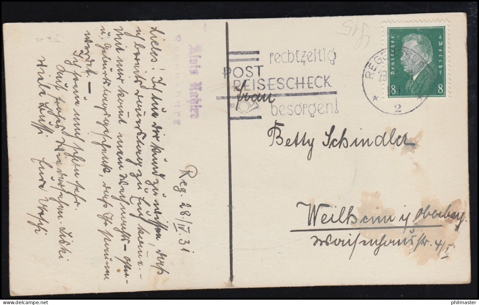 Handgemalte Künstlerkarte Landschaft Mit Hochhäusern, REGENSBURG 28.4.1931 - Ohne Zuordnung
