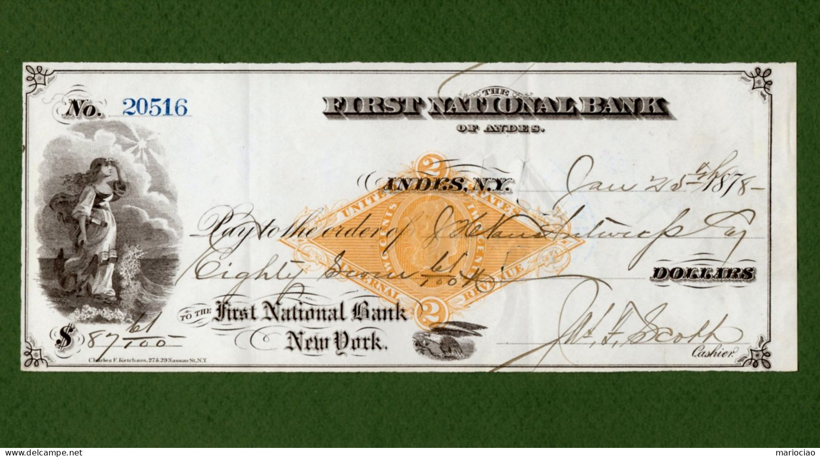 USA Check First National Bank Of ANDES New York 1878 - Sonstige & Ohne Zuordnung