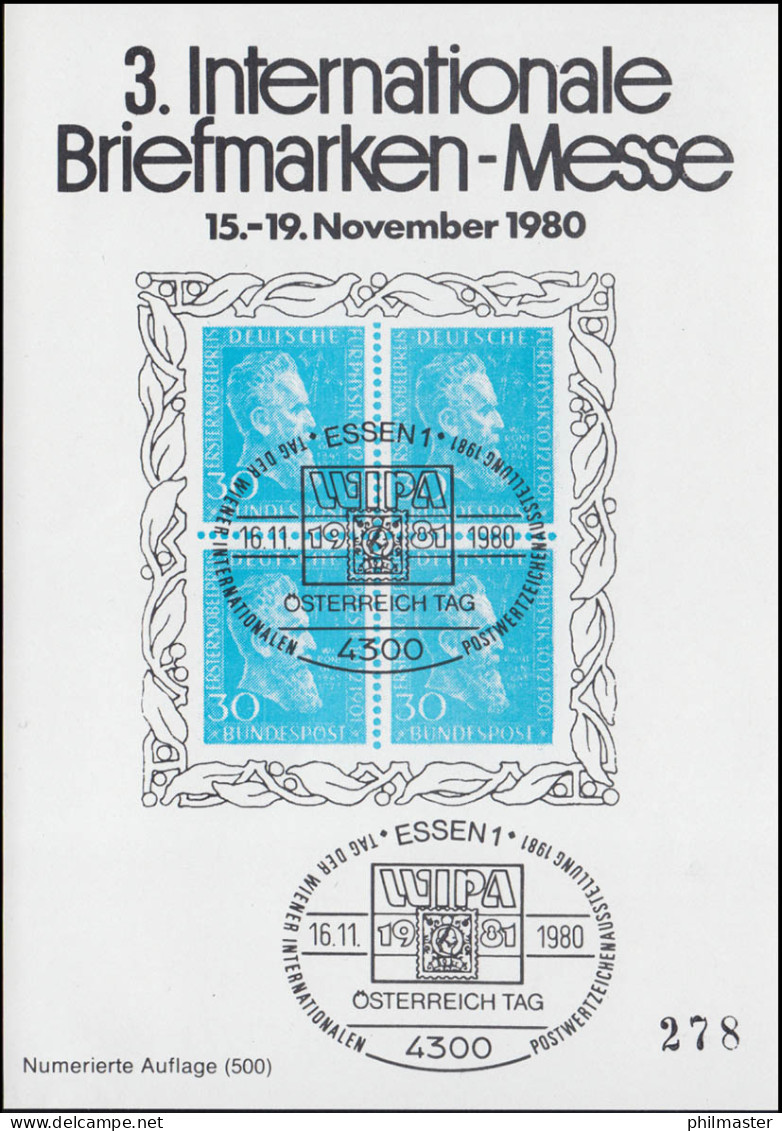 Sonderdruck 3. Briefmarkenmesse Essen 1980 Mit WIPA-Stempel 16.11.80 - Privé- & Lokale Post