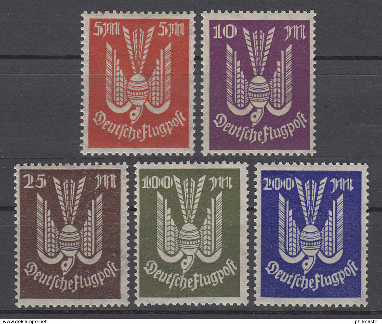 263-267 Flugpostmarken Holztaube 5 Bis 200 Mark 1923, 5 Werte, Satz ** / MNH - Neufs