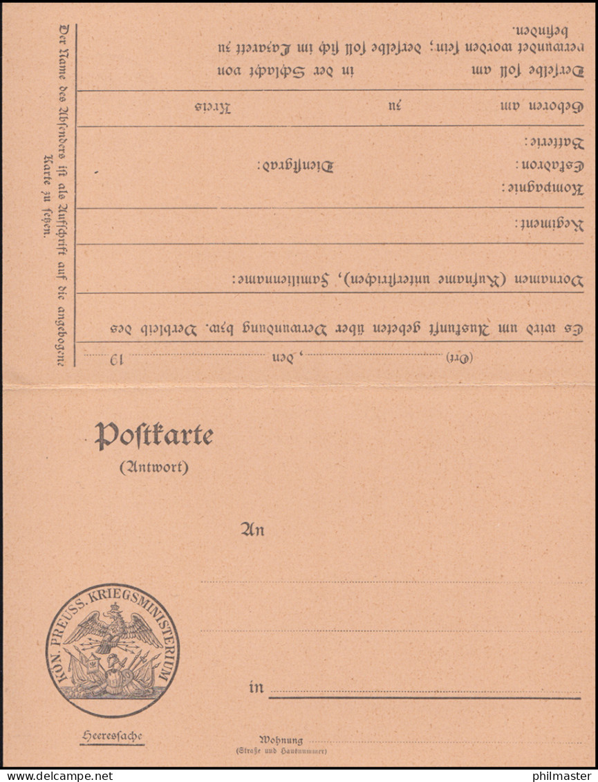 Heeressache Nachweisebüro Kgl. Preuß. Kriegsministerium Berlin NW 7, Ungebraucht - Autres & Non Classés