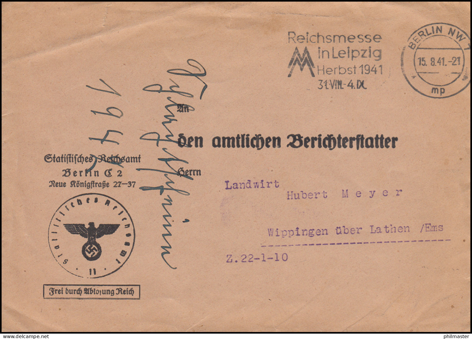 Frei Durch Ablösung Reich Statistisches Reichsamt BERLIN 15.8.41 Nach Wippingen - WW2