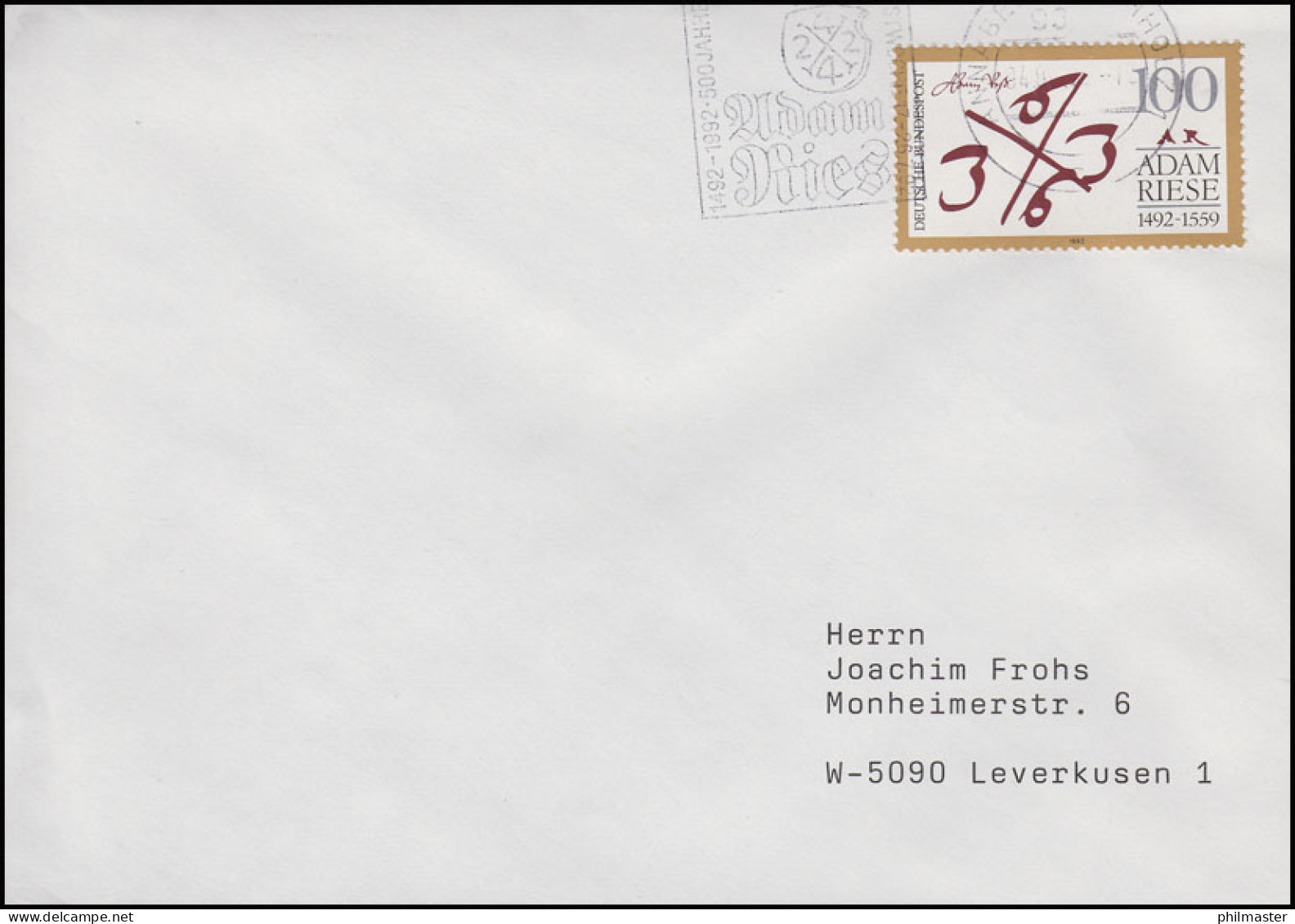1612 Adam Riese, EF Brief Annaberg-Buchholz Adam Ries Festwoche Juli 1992 - Autres & Non Classés