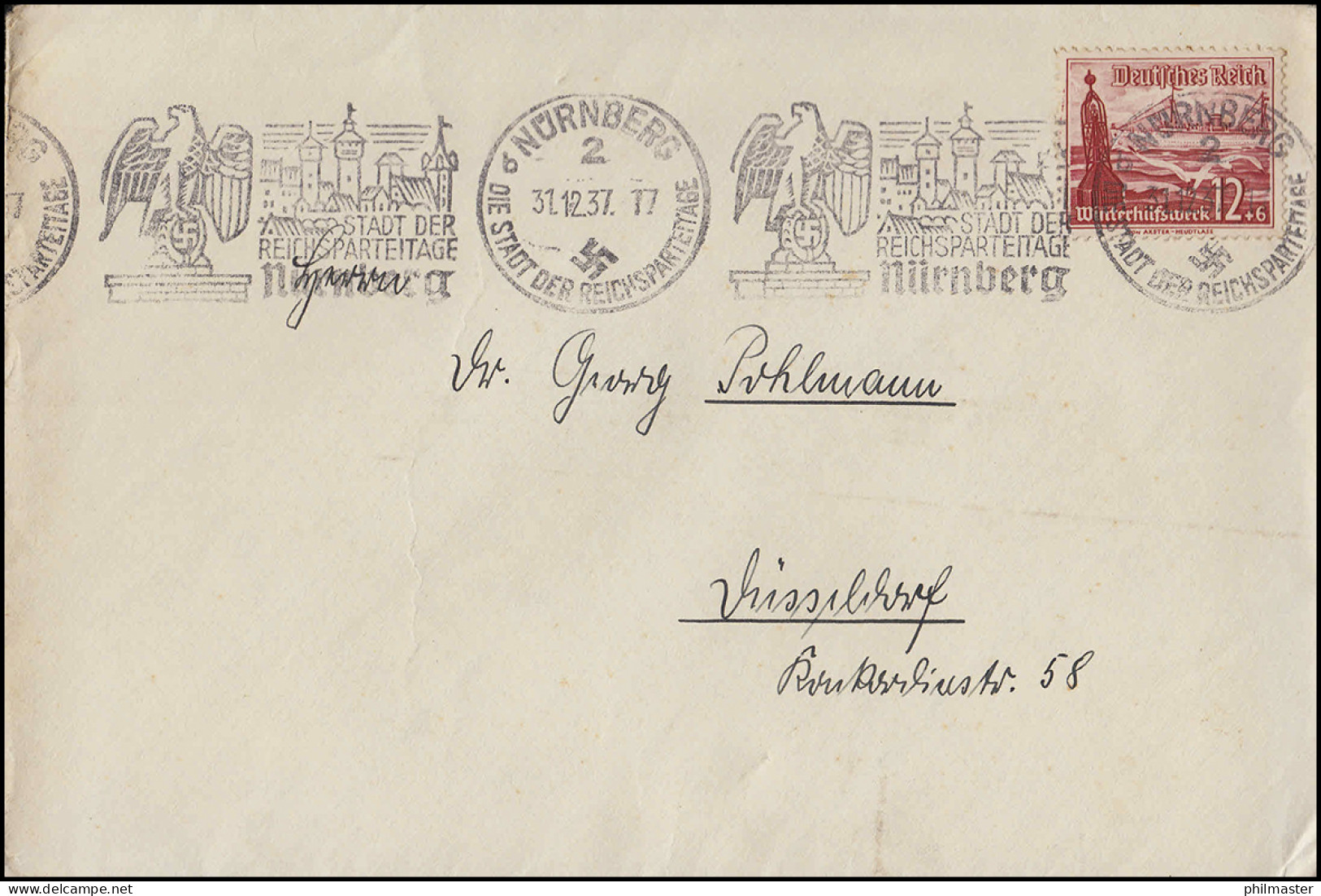 656 WHW Schiffe EF Auf Brief Werbestempel NÜRNBERG Reichsparteitage 21.12.37 - Sonstige & Ohne Zuordnung