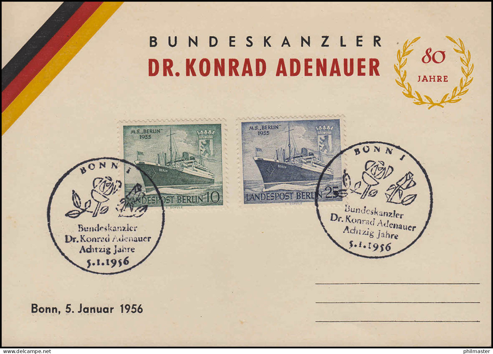 Erinnerungskarte 80. Geburtstag Dr. Konrad Adenauer Passender SSt BONN 5.1.1956 - Otros & Sin Clasificación