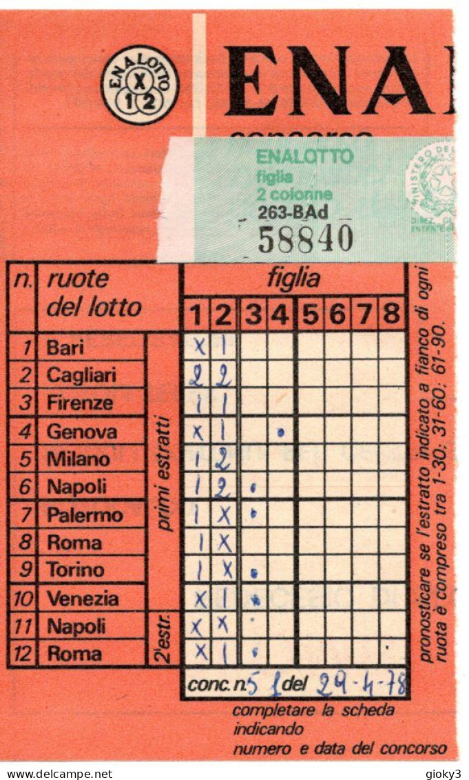 Schedina ENALOTTO CONCORSO DEL 29/4/1978 - Lottery Tickets