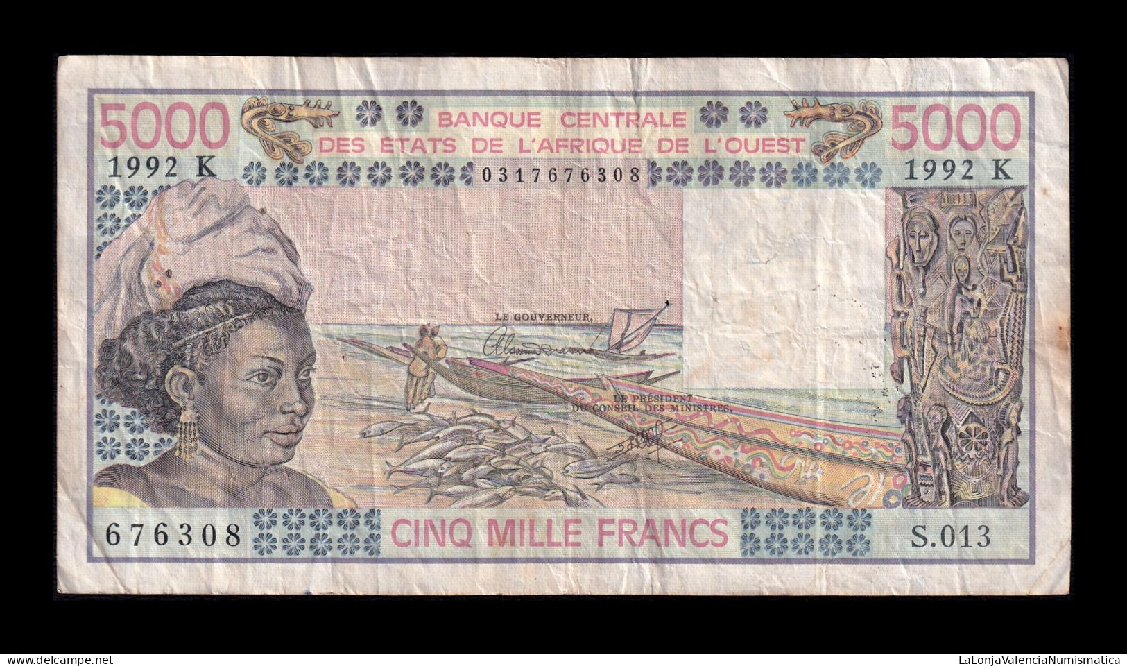 West African St. Senegal 5000 Francs 1992 Pick 708Kq Bc/Mbc F/Vf - États D'Afrique De L'Ouest