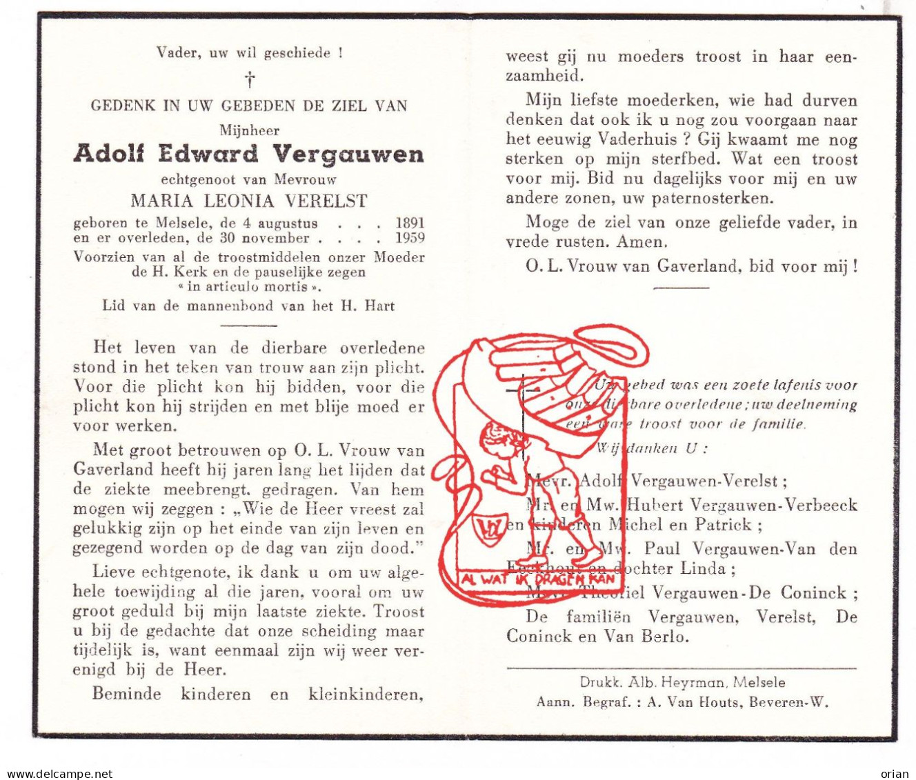 DP Adolf Edward Vergauwen ° Melsele Beveren Waas 1891 † 1959 Verelst Verbeeck Van Den Eeckhout De Coninck Van Berlo - Images Religieuses