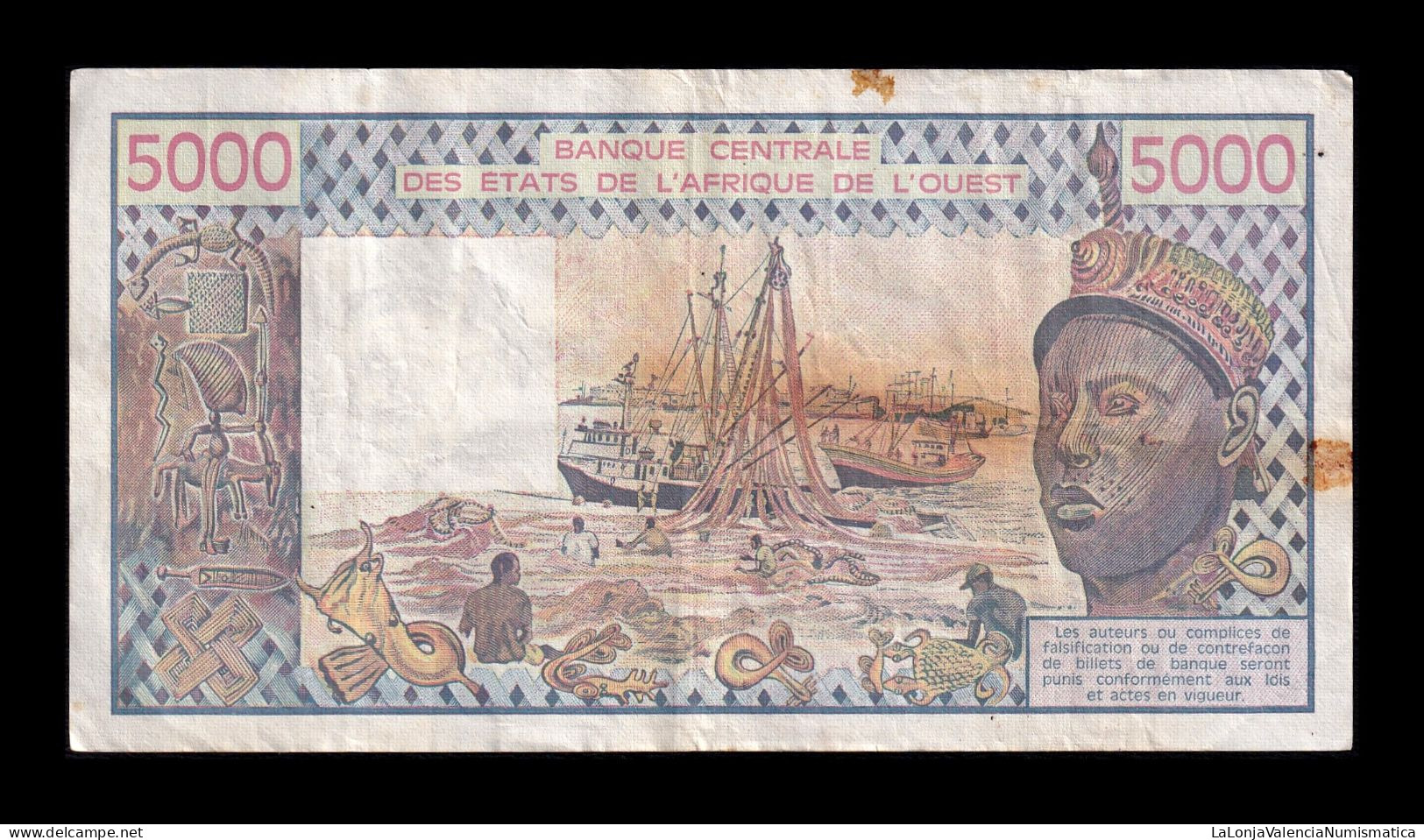 West African St. Senegal 5000 Francs 1990 Pick 708Km Bc/Mbc F/Vf - West-Afrikaanse Staten