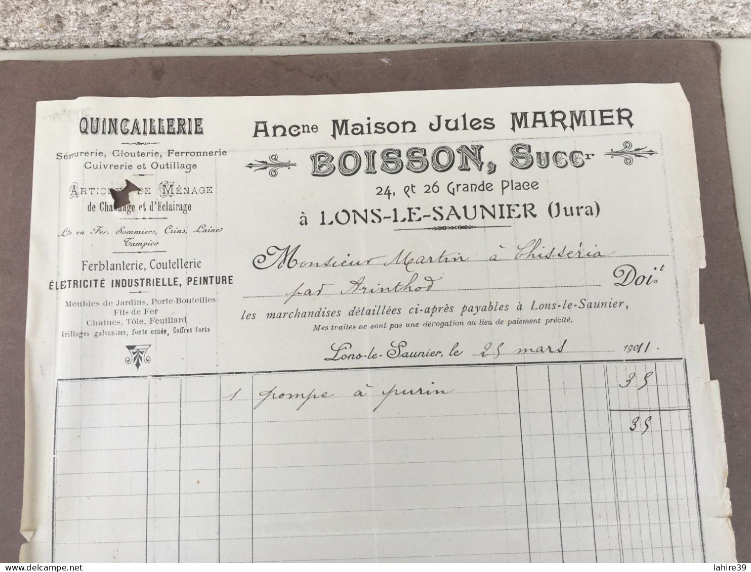 Facture / Boisson Successeur Marmier / Lons Le Saunier / Jura / Quincaillerie / 1911 - 1900 – 1949