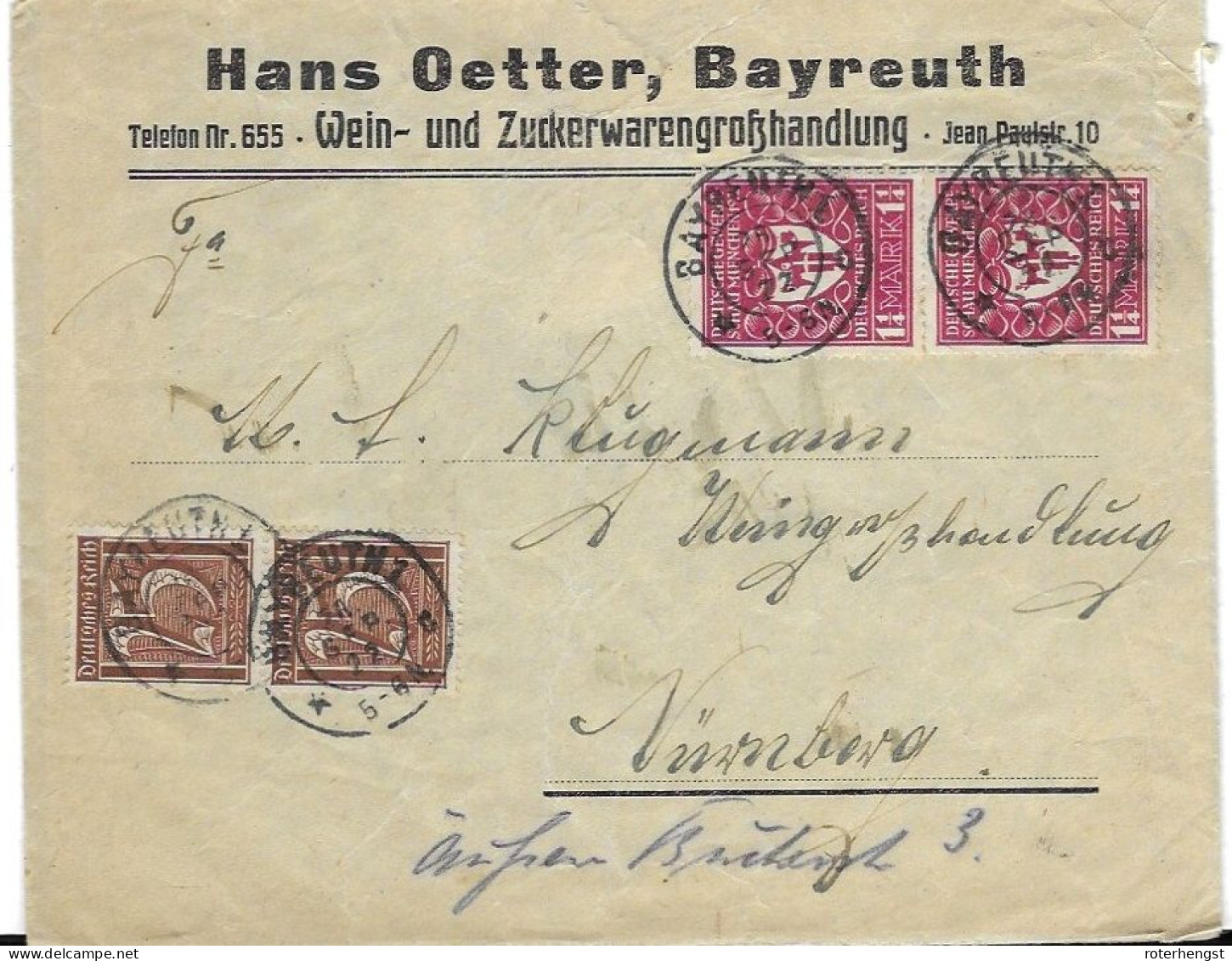 Germany Inflation Letter Bayreuth 28.9.1922 Wine And Sugar Company Better 25Pf Watermark - Brieven En Documenten