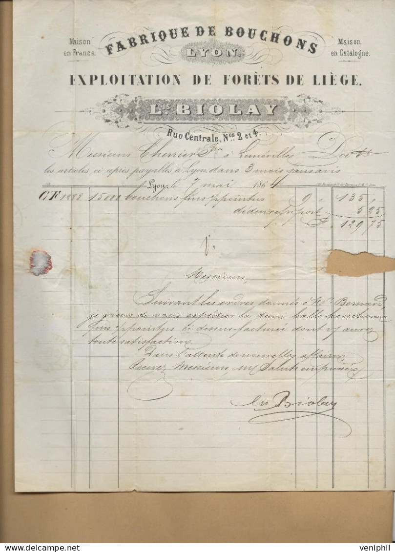 LETTRE FACTURE FABRIQUE DE BOUCHONS -LYON - EXPLOITATION DE FORETS DE LIEGE ANNEE 1864-AFFRANCHIE N° 22 - Straßenhandel Und Kleingewerbe