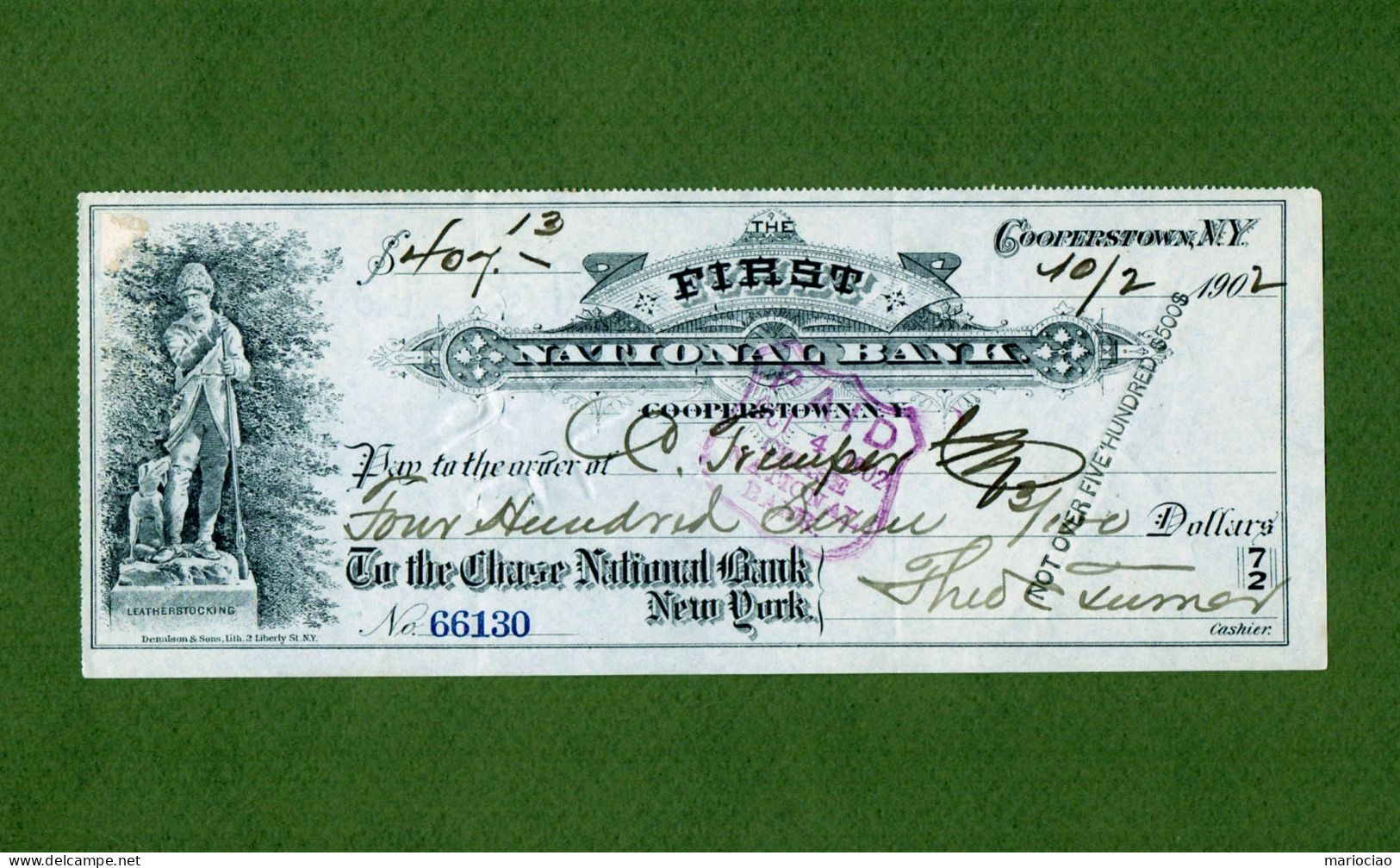 USA Check First National Bank Of Cooperstown New York 1907 - Other & Unclassified
