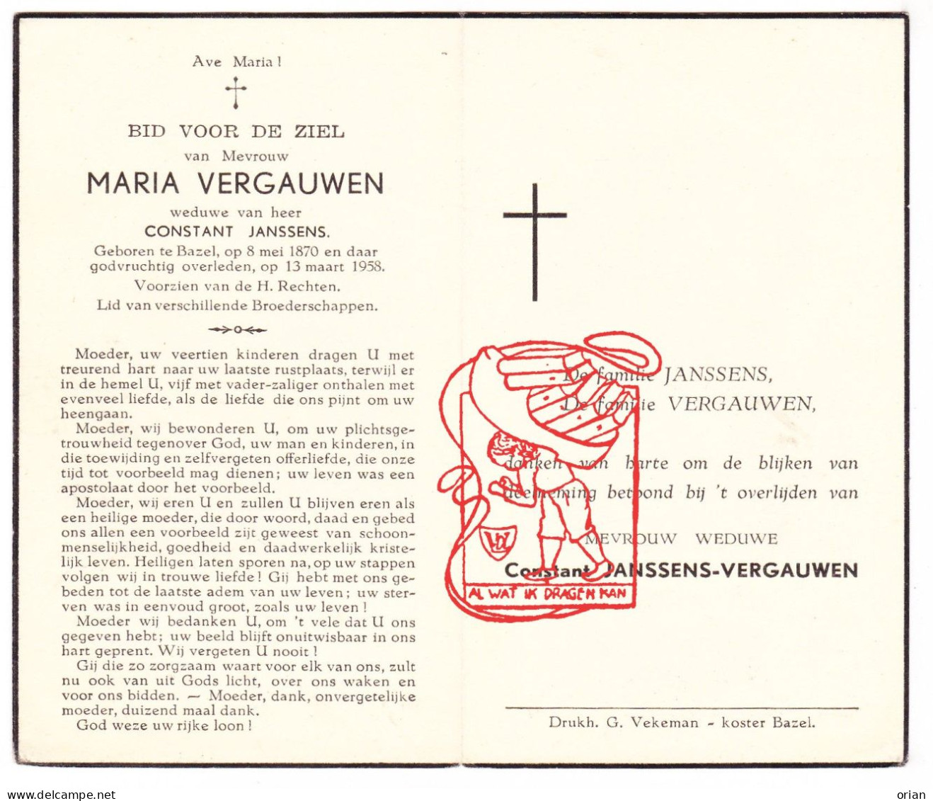 DP Maria Vergauwen ° Bazel Kruibeke 1870 † 1958 X Constant Janssens - Images Religieuses