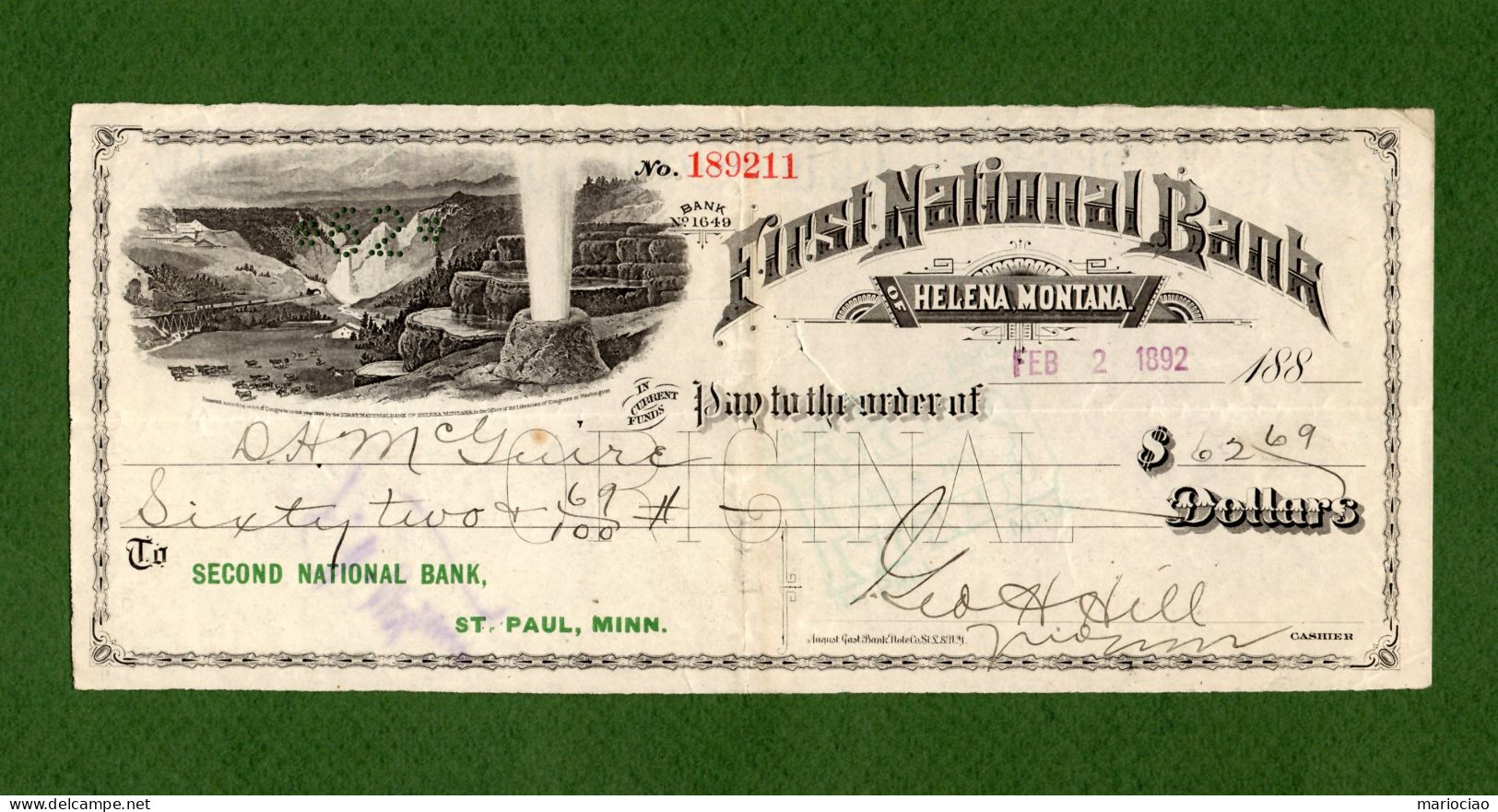 USA Check First National Bank Of Helena MONTANA 1892 GEISER - Sonstige & Ohne Zuordnung