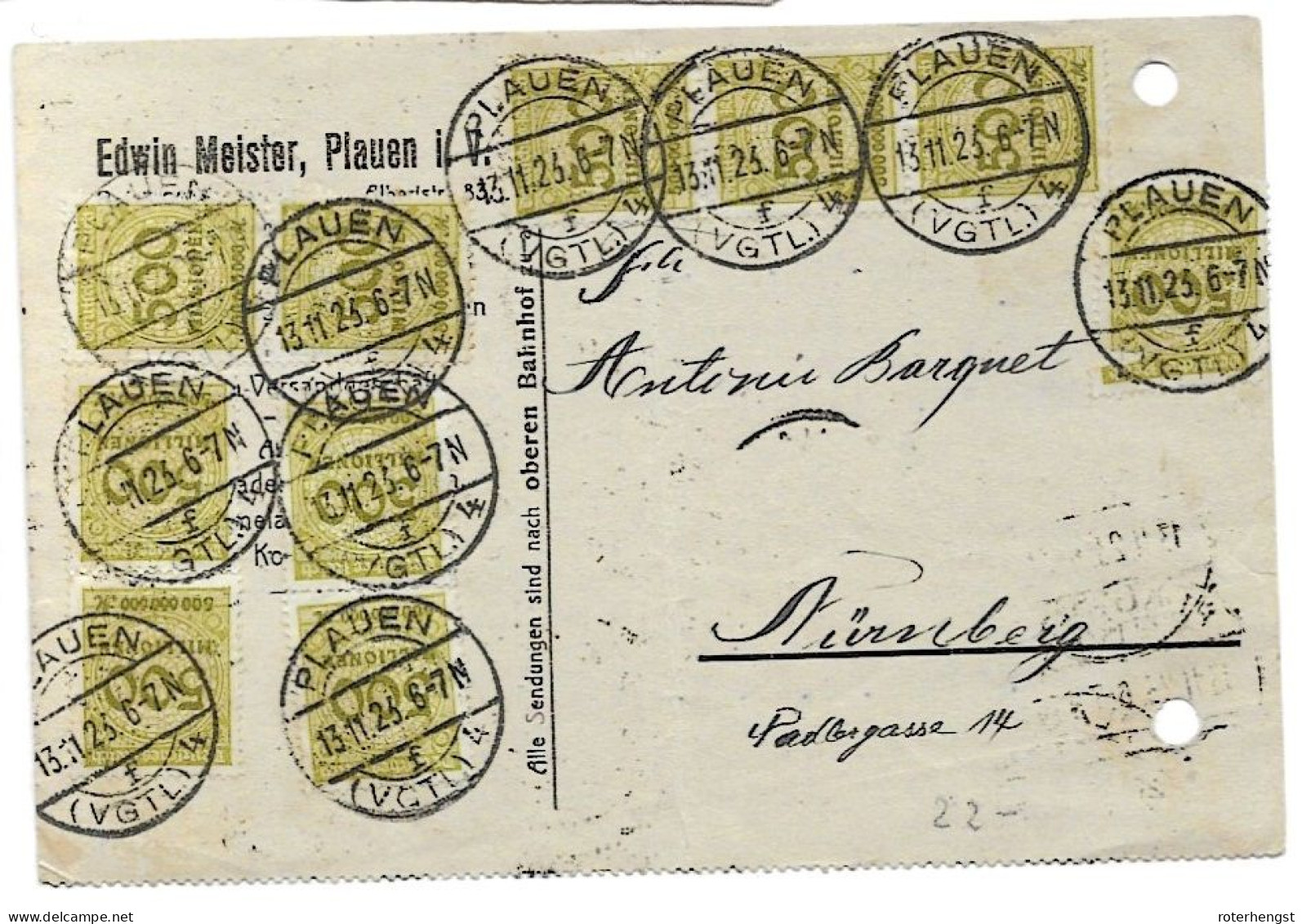 Germany Inflation Card Plauen 13.11.1923 5 Billion Marks Tariff - Brieven En Documenten