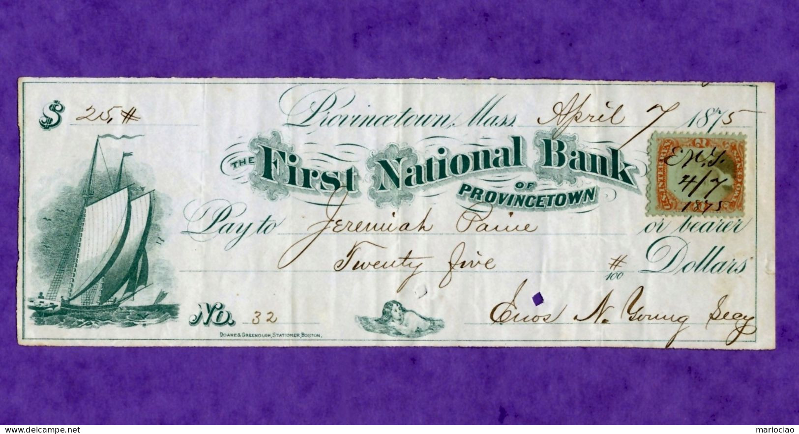 USA Check First National Bank Of Provincetown NY 1875 - Altri & Non Classificati