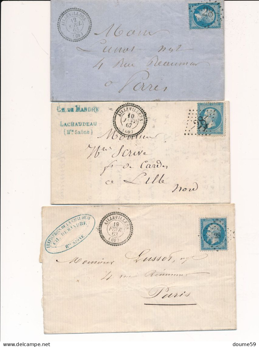 BM-48: FRANCE:  Lot Avec N°22 Sur 3  Lettres  Avec Cachets Perlés  D'Aillevillers Pc Et GC 28 - 1849-1876: Période Classique