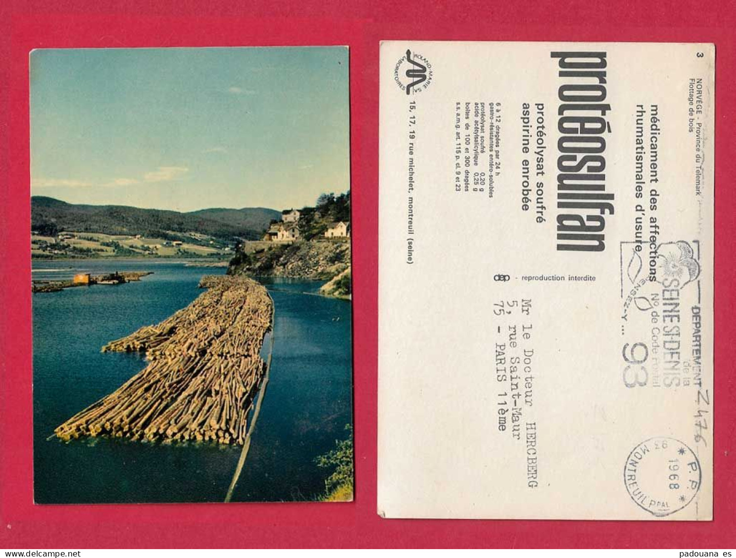 Z476 TRAVAIL DU BOIS FLOTTAGE NORVEGE PUBLICITE PHARMACEUTIQUE  PROTEOSULFAN  EN 1968 - Other & Unclassified