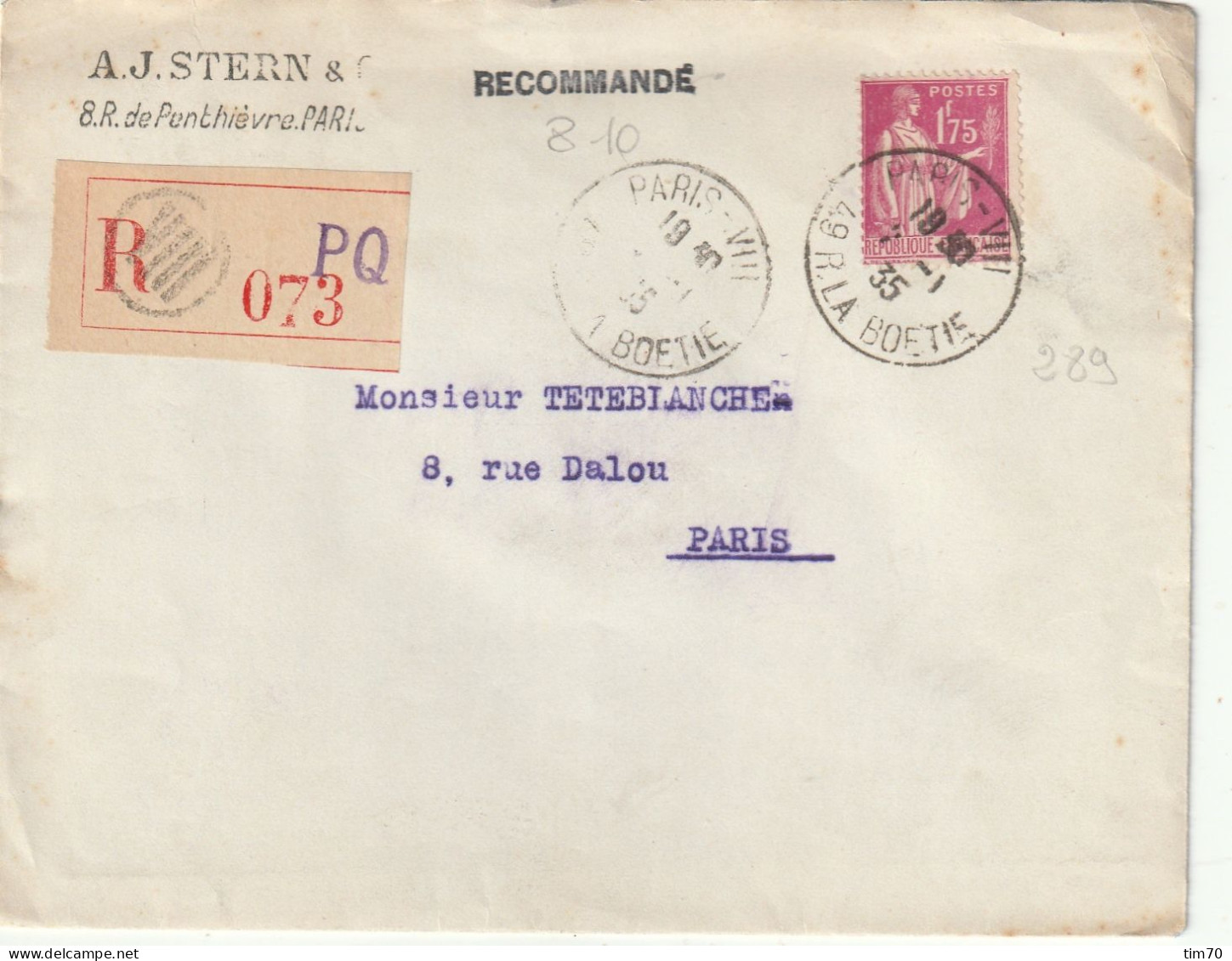 LETTRE  R . D . SEUL / 289   PARIS  VIII    49 RUE DE LA BOETIE - Bolli Manuali