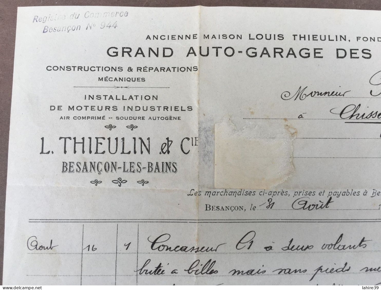 Facture / Auto Garage Des Chaprais / L.Thieulin / Besançon-les-Bains / 1921 - 1900 – 1949