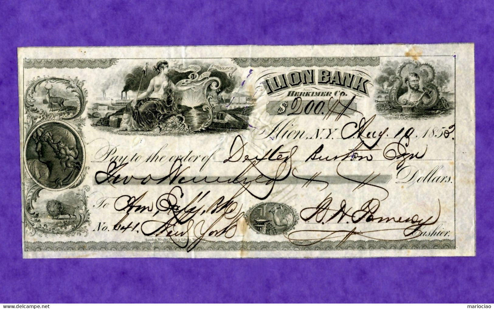 USA Check ILION BANK Herkimer County New York 1853 - Autres & Non Classés