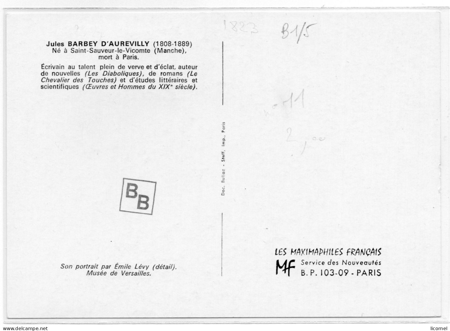 Carte  Maxi1974 Premier Jour: J BARBEY D AUREVILLY - 1970-1979