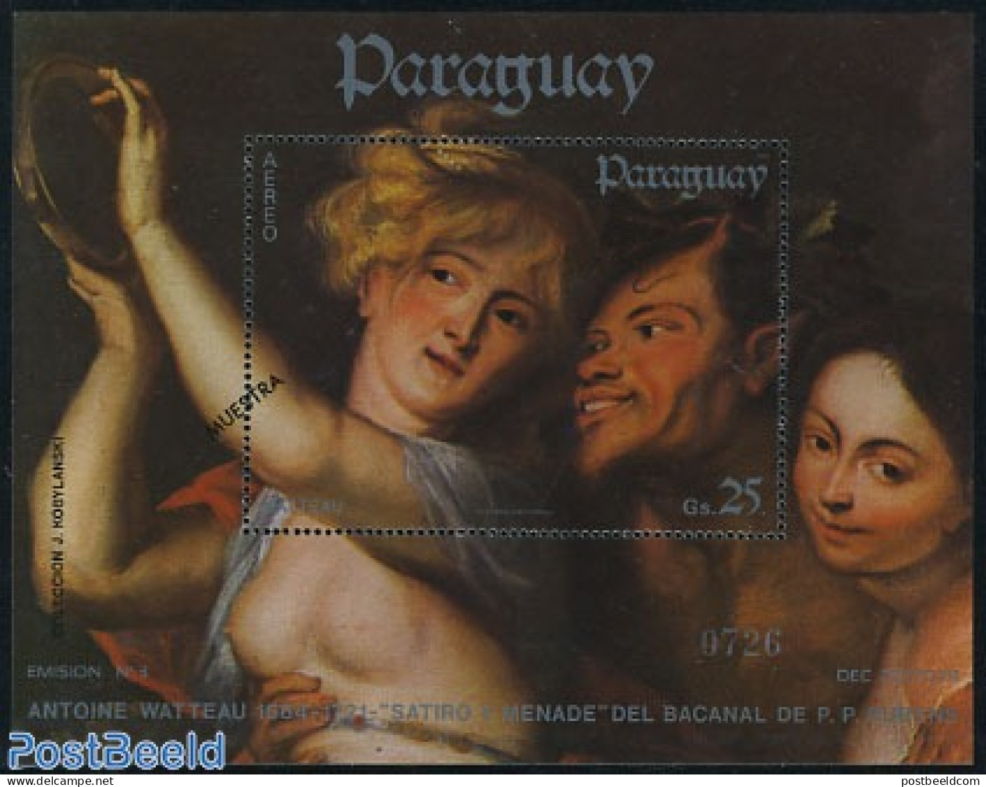 Paraguay 1984 Watteau Painting (copy Of Rubens) S/s SPECIMEN, Mint NH, Paintings - Paraguay