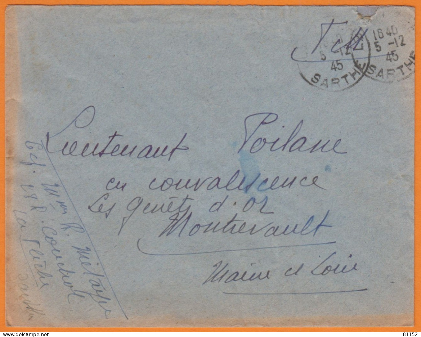 F.M. Militaria  Sur Lettre De LA FLECHE Sarthe   Le 5 12 1945  Pour  Un LIEUTENANT à MONTREVAULT M.et.L. - Guerra Del 1939-45