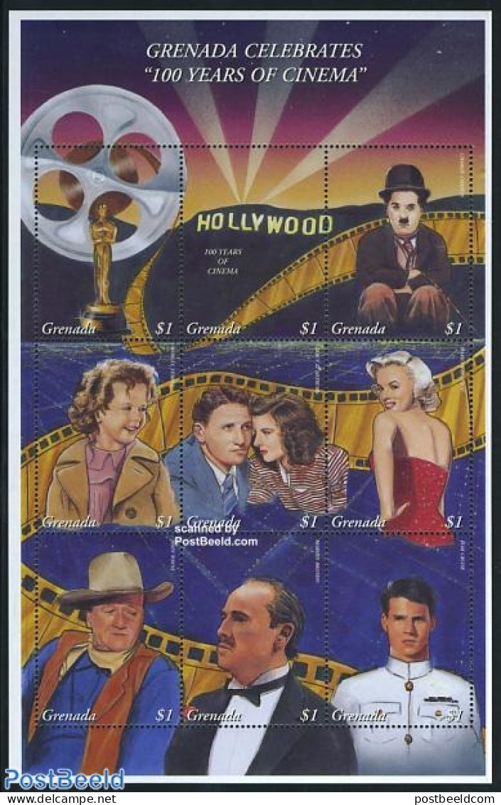 Grenada 1995 Cinema Centenary 9v M/s, Mint NH, Performance Art - Film - Marilyn Monroe - Movie Stars - Cinema