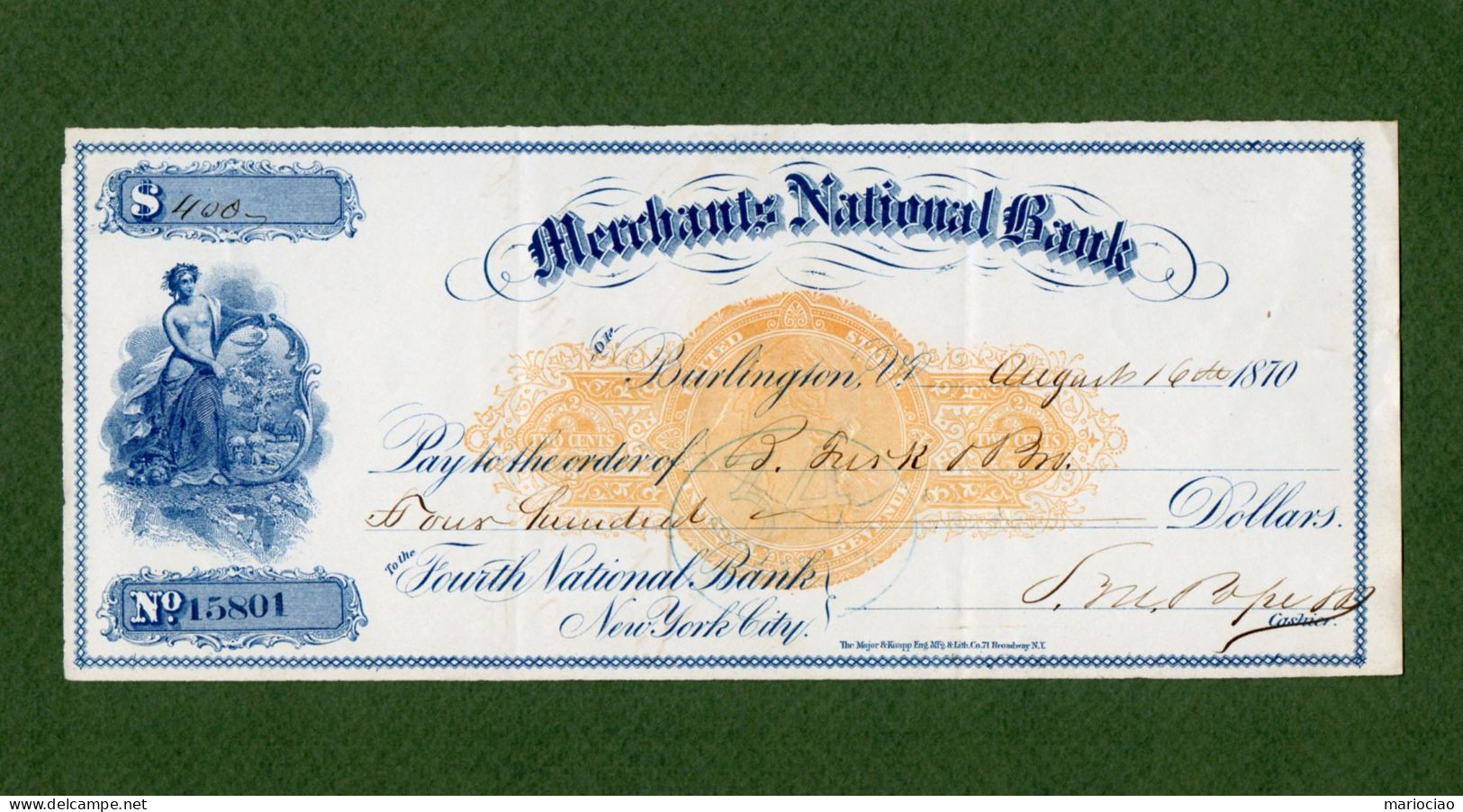 USA Check Merchants National Bank Of Burlington Vermont 1870 - Andere & Zonder Classificatie
