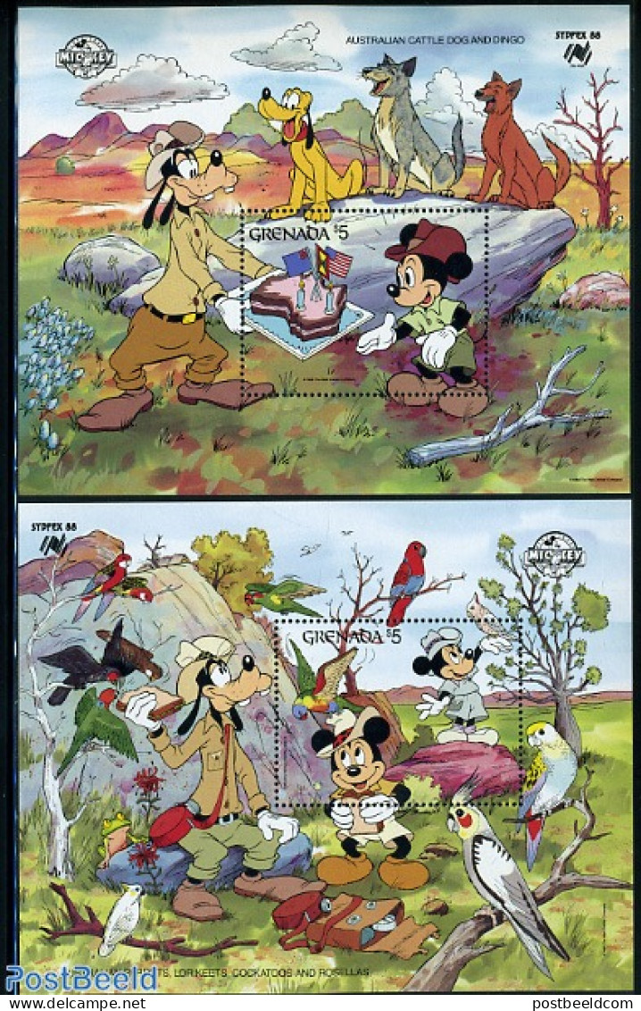Grenada 1988 Sydpex, Disney 2 S/s, Mint NH, Nature - Animals (others & Mixed) - Birds - Parrots - Art - Disney - Disney